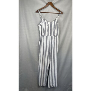 Rails Harper Linen Jumpsuit Womens Size L Laguna Stripe Grey White Beach Coastal